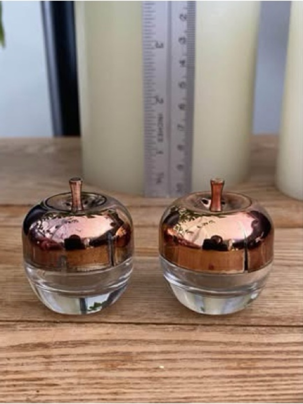 Vintage Metallic Apple Salt & Pepper Shakers Glass Base Copper/Bronze Tops